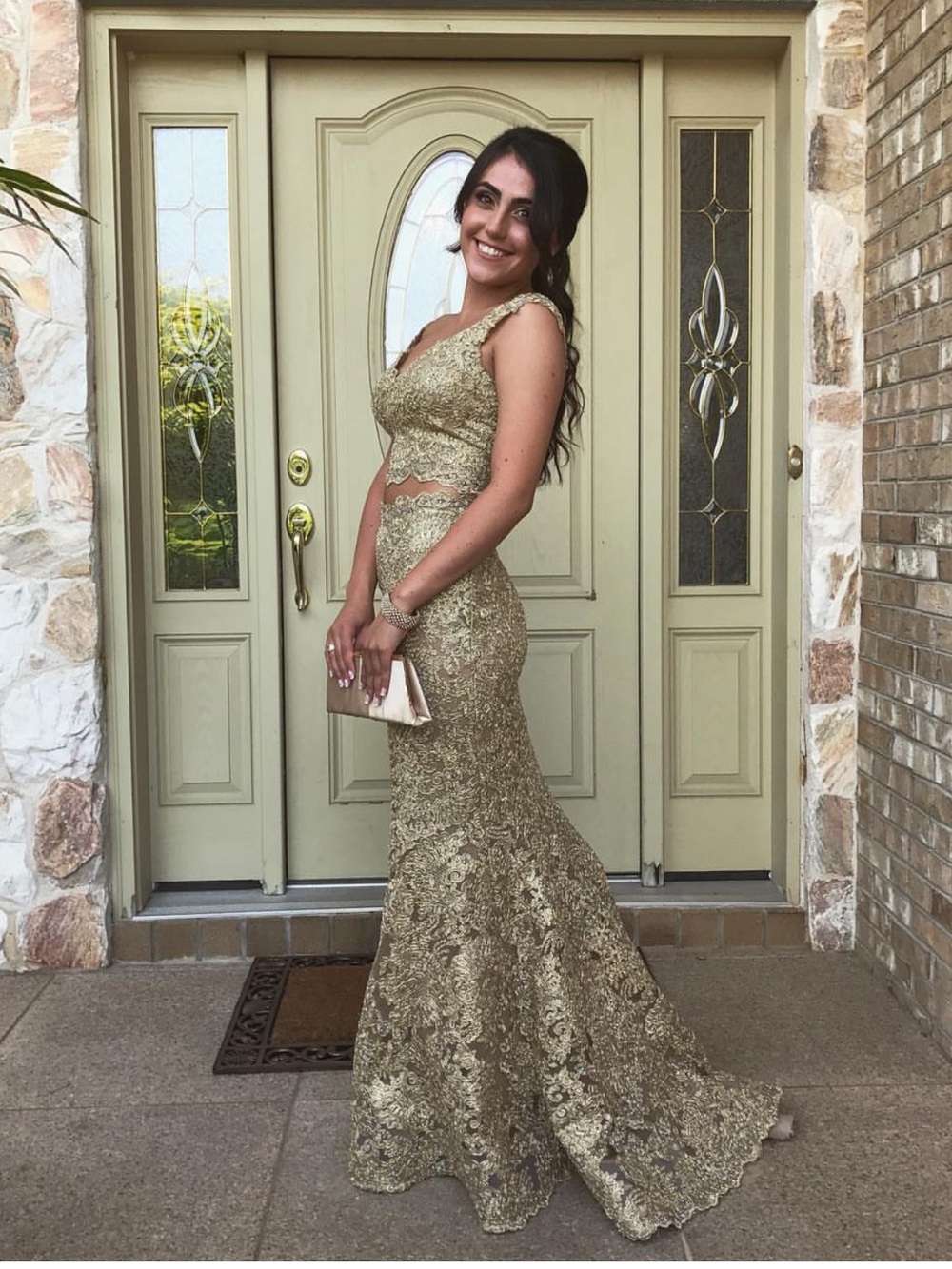 Sherri Hill Elegant Gold Lace Mermaid Evening 2 Piece Dress - Women
